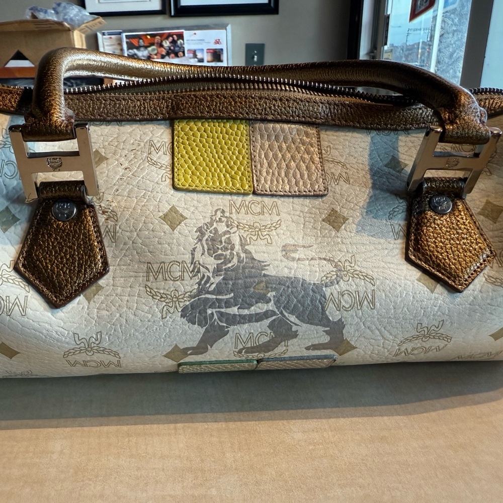 MCM Cream and Brown Satchel with Yellow Accent